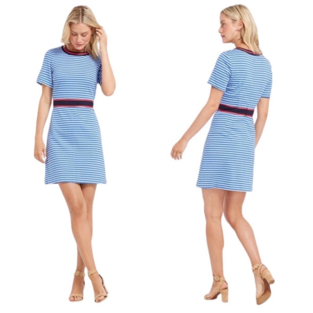 Draper James Blue and White Striped Mini Dress with Red Trim